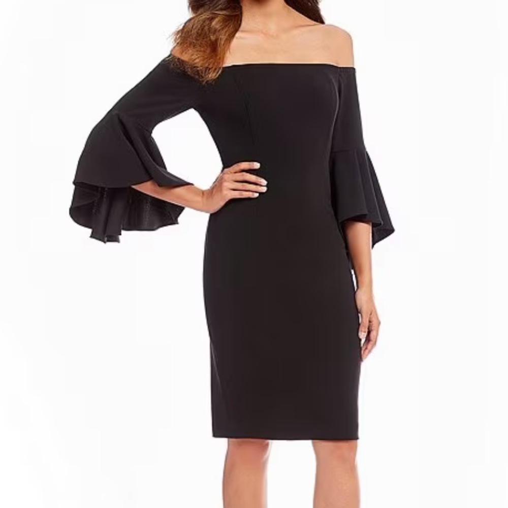 Calvin Klein Crepe Off-the-Shoulder 3/4 Flutter Bell Sleeve Sheath Dress